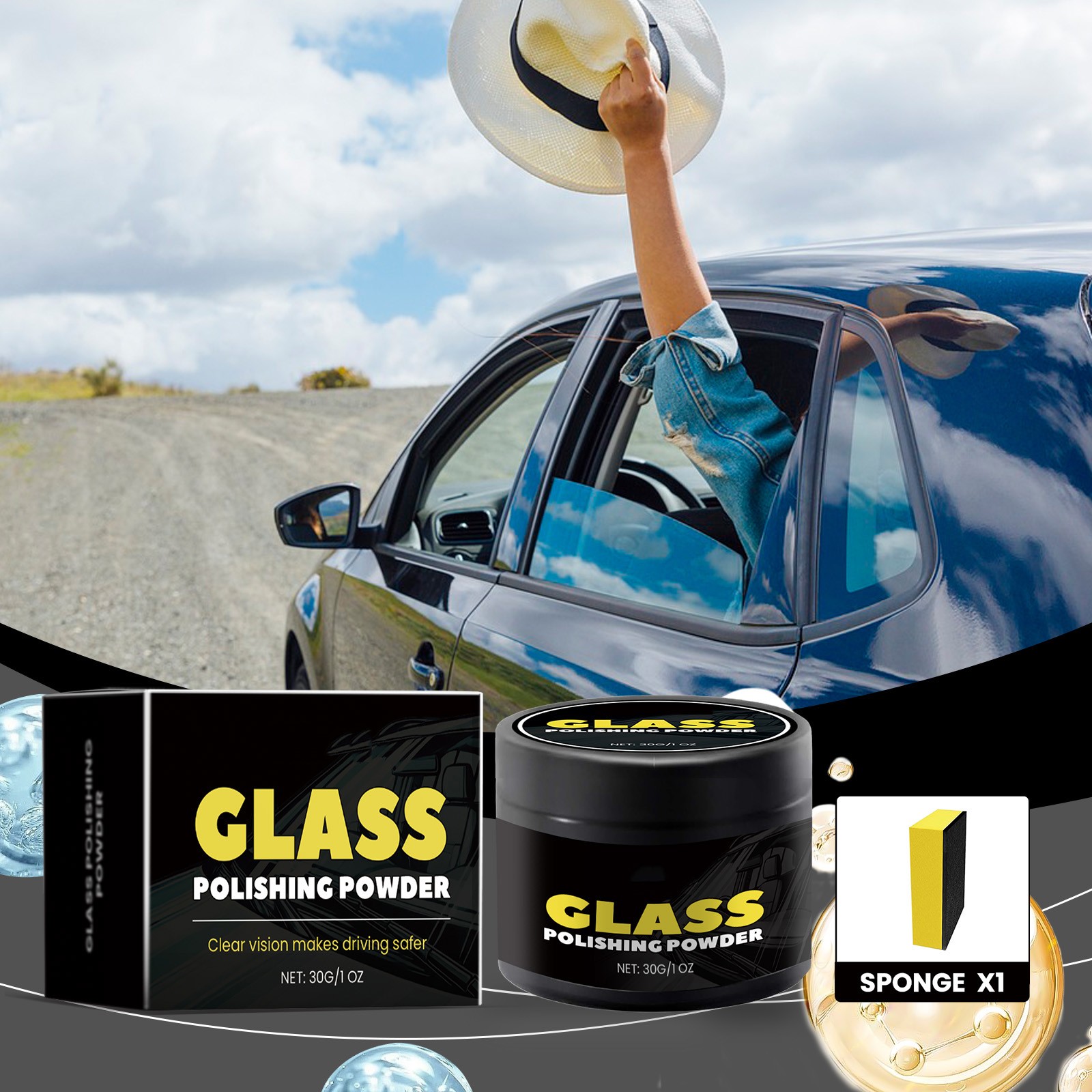 Car Windshield Polishing Powder - Oil \u0026 Water Stain Remover, Scratch Cleaner, Headlight Restorer - Safe for Tinted Windows, Residue-Free Clarity Restoration